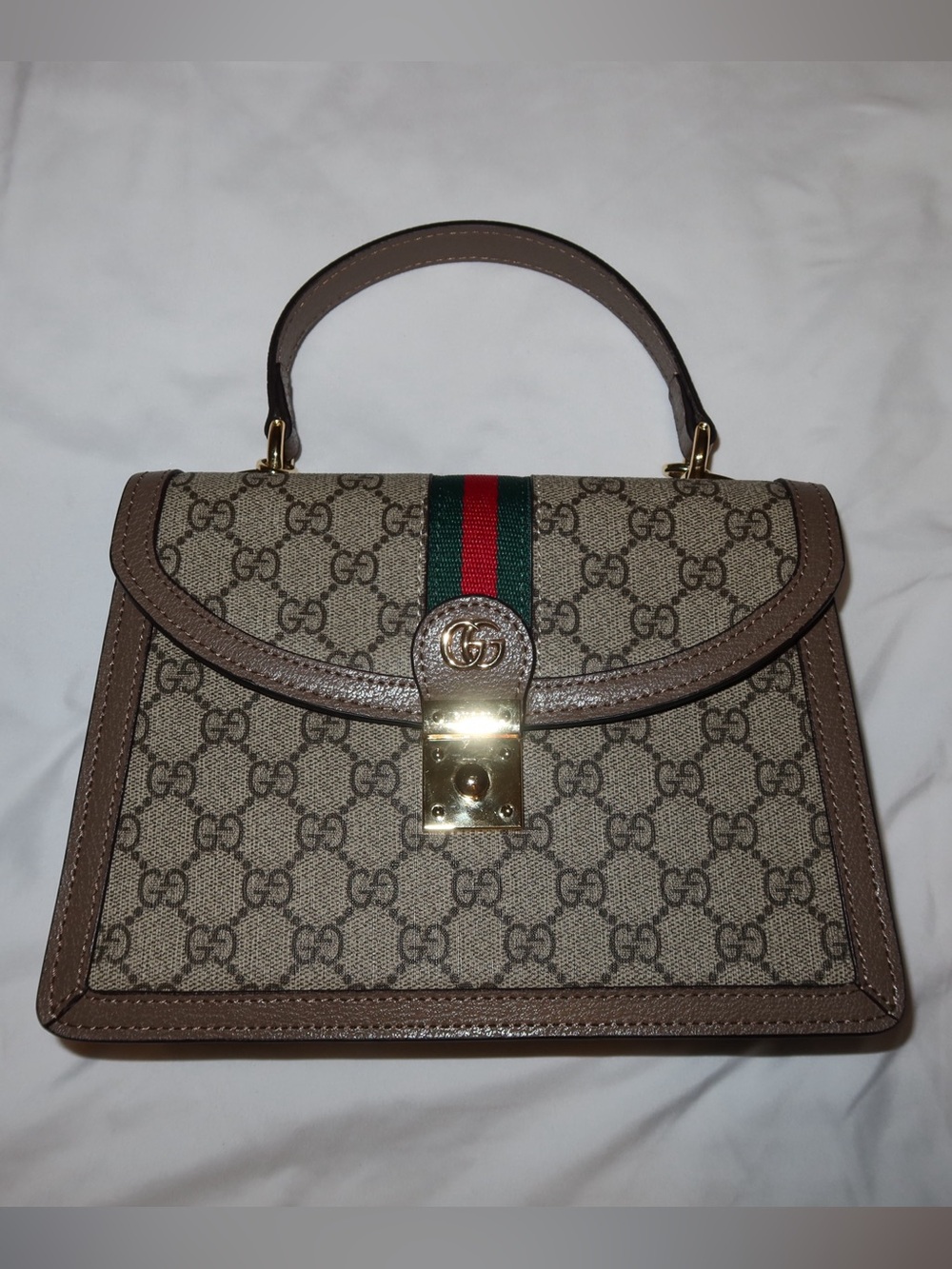 Gucci Tan GG Canvas Top Handle Satchel with Green-Red Web